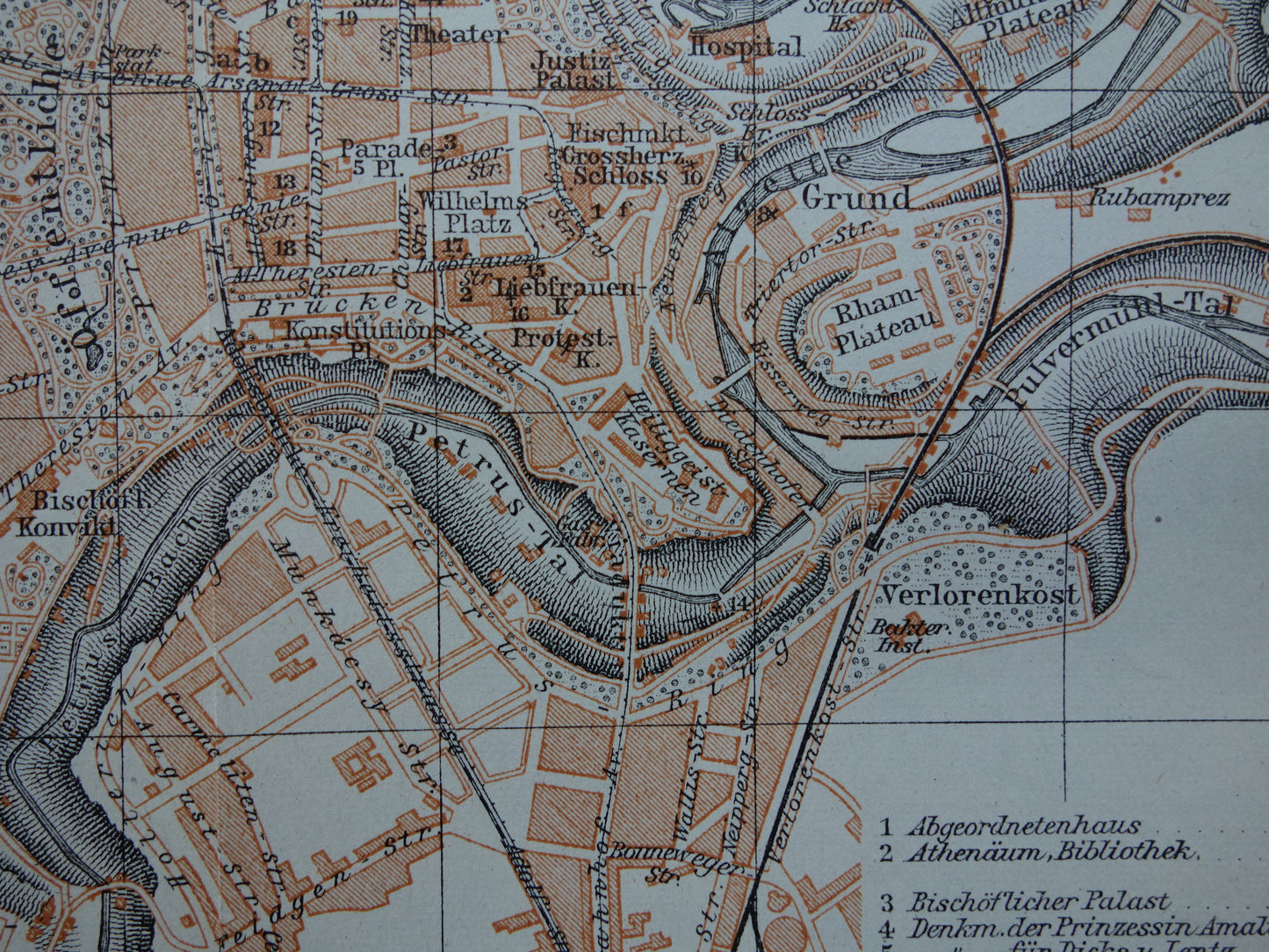 LUXEMBURG oude kaart van Luxembourg Stad uit 1904 kleine originele antieke plattegrond landkaart