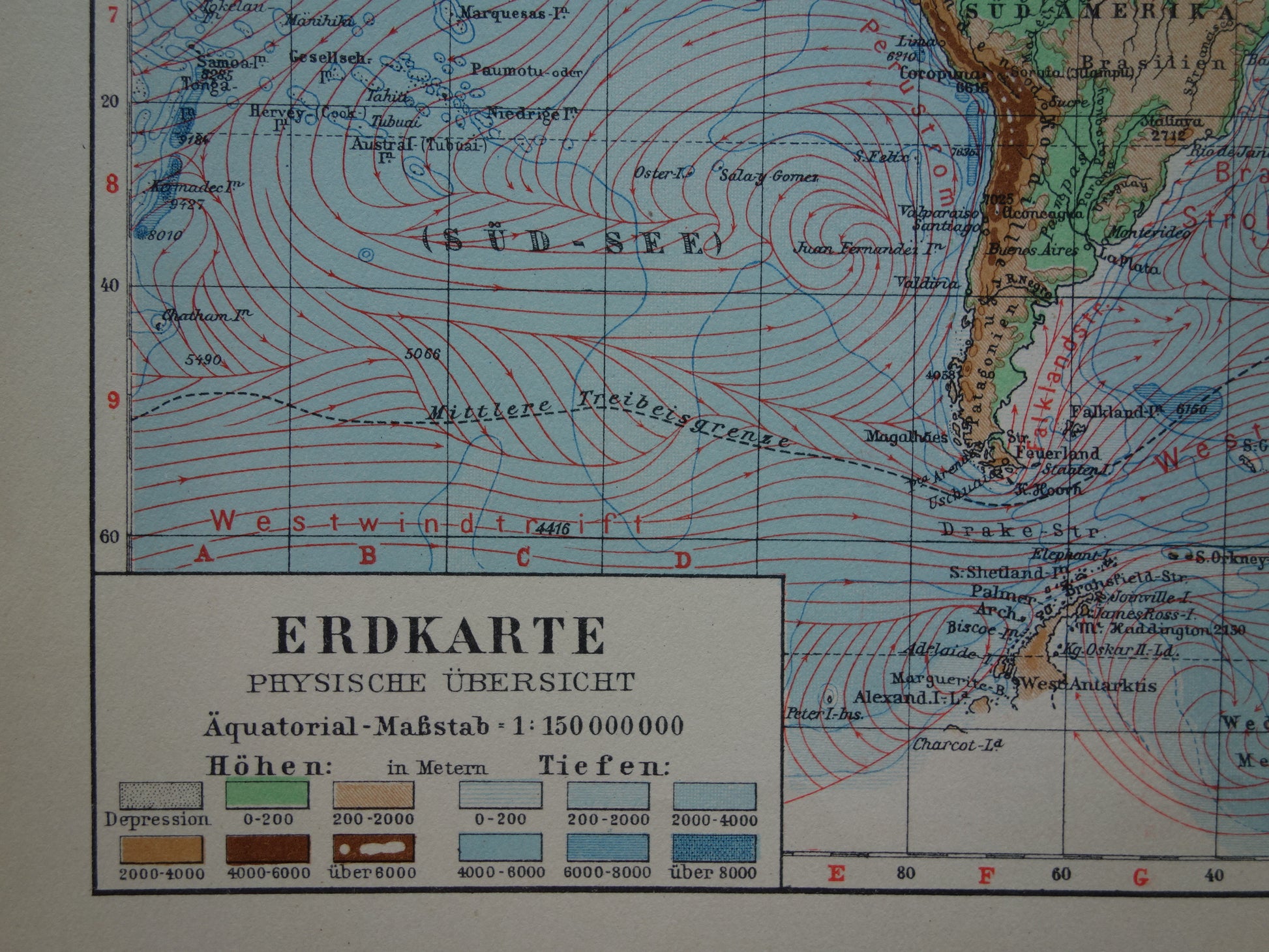 oude fysieke wereldkaart originele vintage kaarten bergen zeestromingen diepten hoogtes hoogten