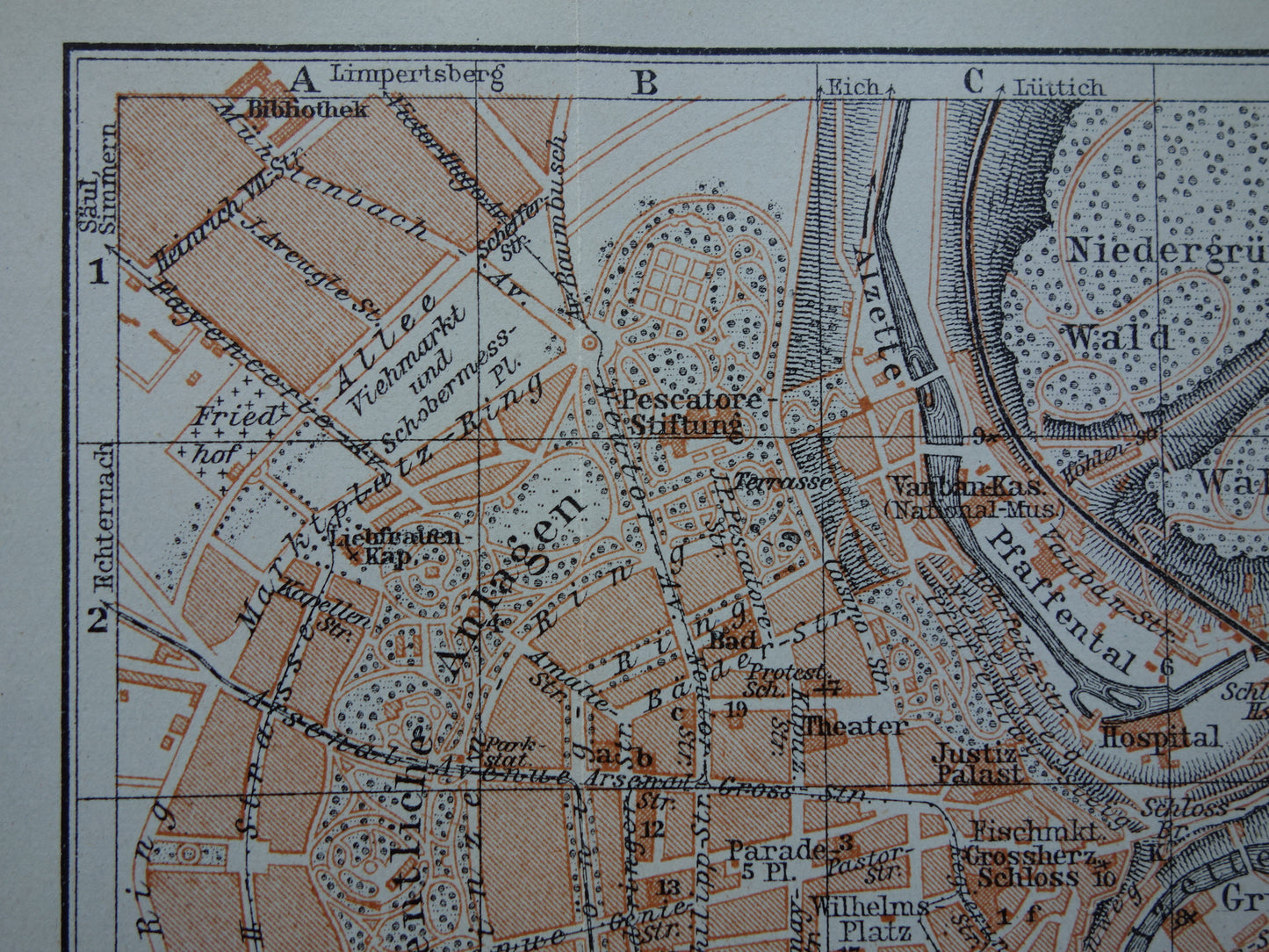 LUXEMBURG oude kaart van Luxembourg Stad uit 1904 kleine originele antieke plattegrond landkaart