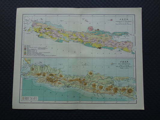JAVA Antieke Nederlandse kaart van Java uit 1908 oude hoogtekaart landkaart vulkanen