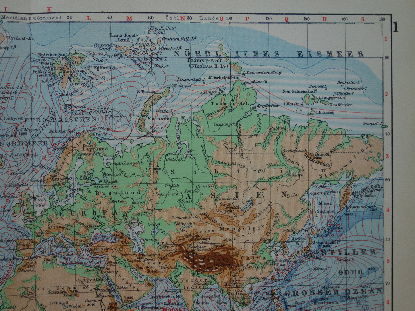 Oude WERELDKAART uit 1928 originele vintage kaart van de wereld - hoogtekaart met zeestromingen