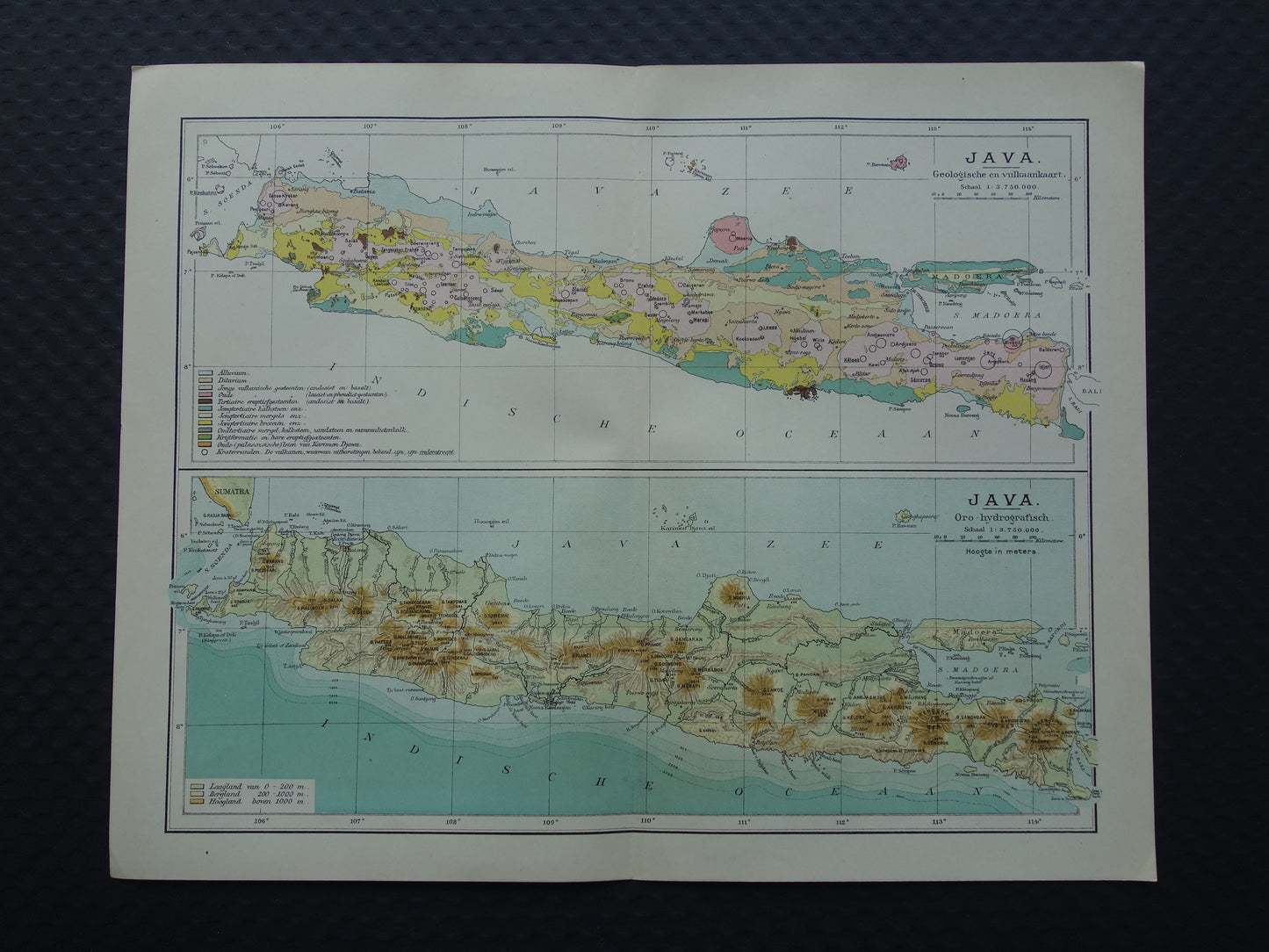 JAVA Antieke Nederlandse kaart van Java uit 1908 oude hoogtekaart landkaart vulkanen