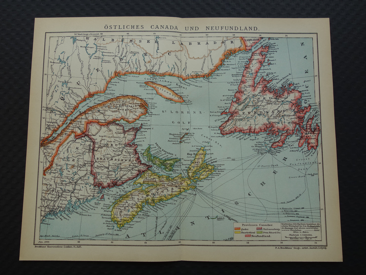 KANADA Antike Karte von Neufundland, Nova Scotia und Braunschweig, 1909, alte deutsche Karte mit Datum