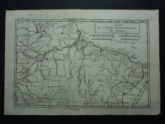 BRAZILIË Oude landkaart van Noordoost Brazilië Amazone rivier Originele vintage Franse Bonne kaart uit 1784