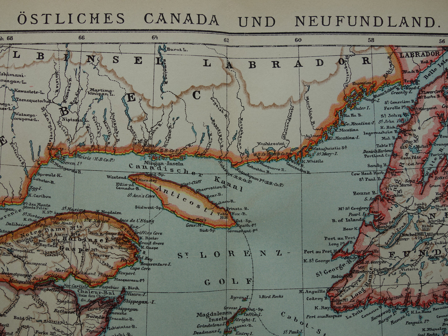KANADA Antike Karte von Neufundland, Nova Scotia und Braunschweig, 1909, alte deutsche Karte mit Datum