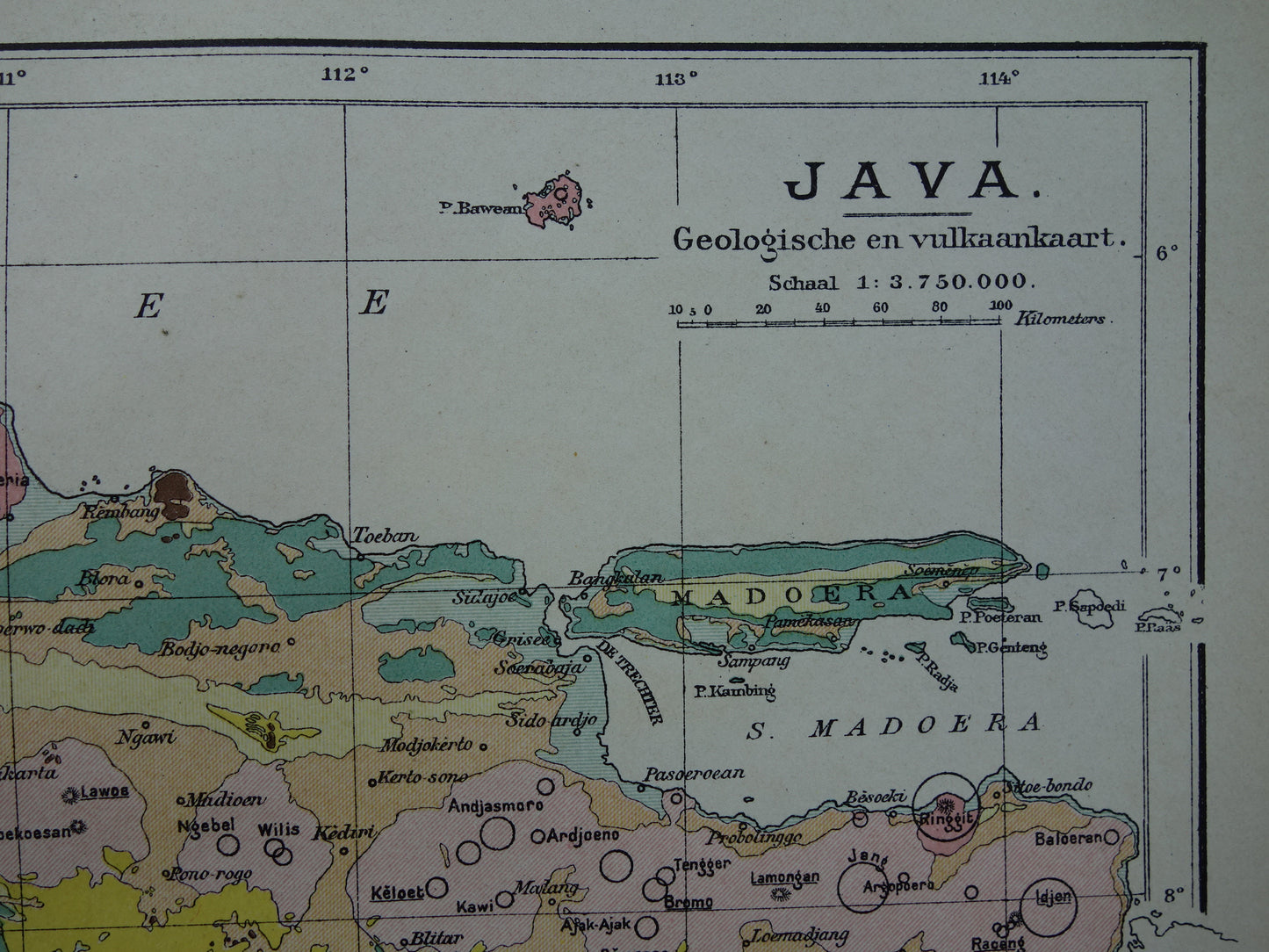 JAVA Antieke Nederlandse kaart van Java uit 1908 oude hoogtekaart landkaart vulkanen
