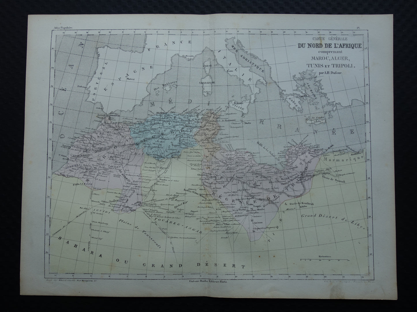 Noord-Afrika antieke landkaart - Handgekleurde oude Franse kaart van Marokko Tunesië Algerije en Libië