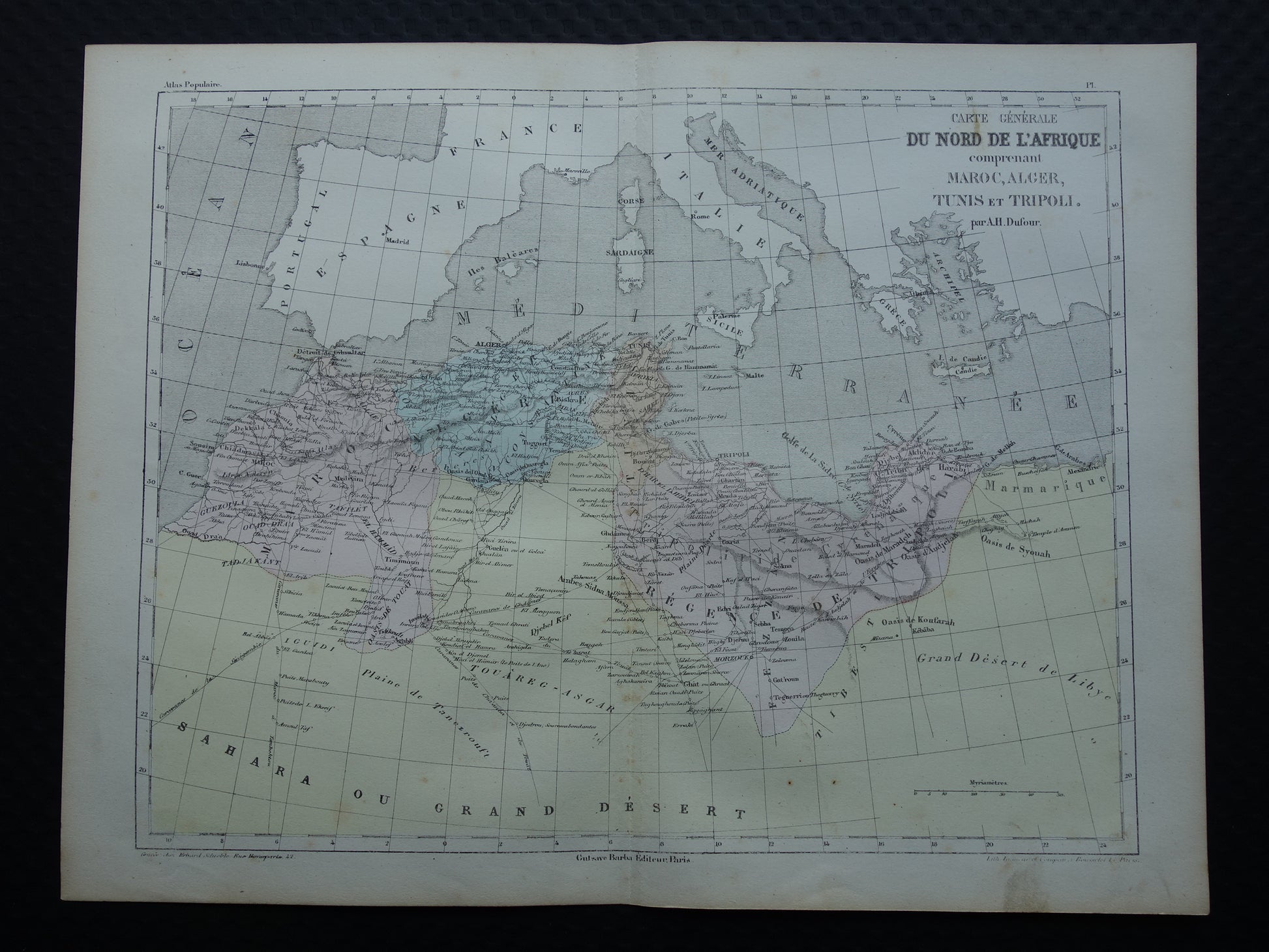 Noord-Afrika antieke landkaart - Handgekleurde oude Franse kaart van Marokko Tunesië Algerije en Libië