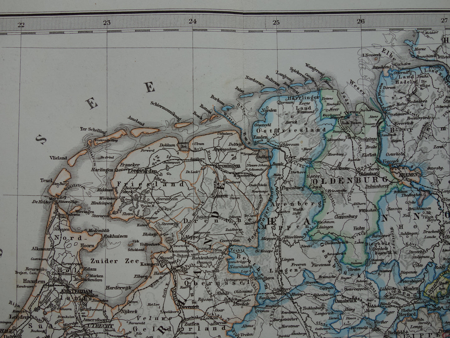 Antieke landkaart van Nederland België en Duitsland originele 155+ jaar oude kaart Holland vintage kaarten