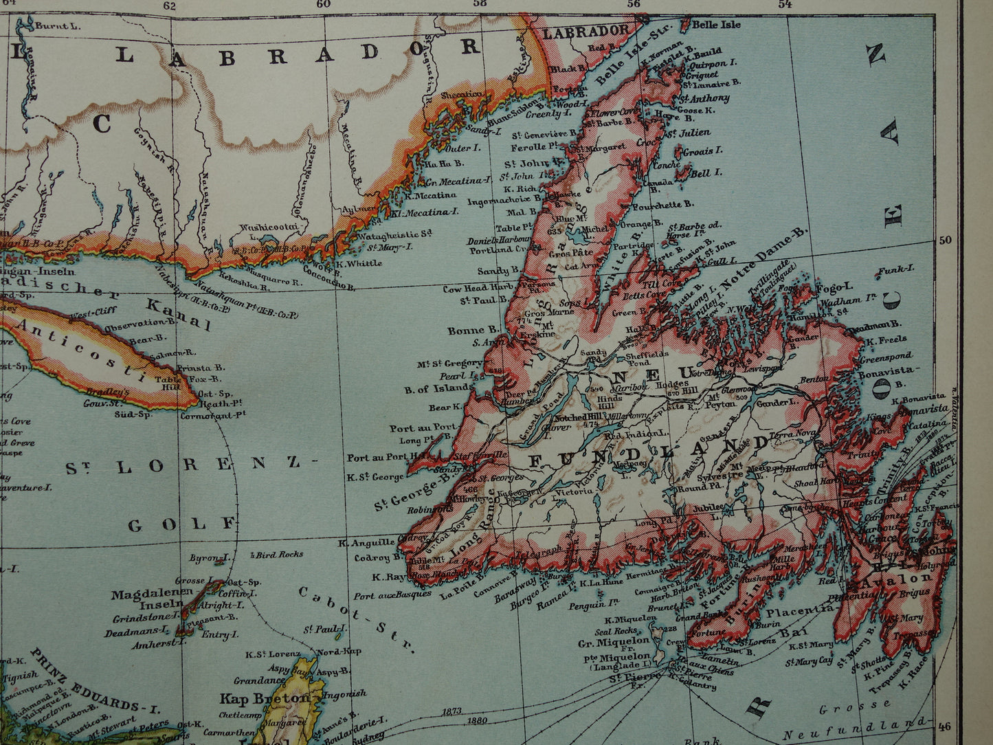 KANADA Antike Karte von Neufundland, Nova Scotia und Braunschweig, 1909, alte deutsche Karte mit Datum