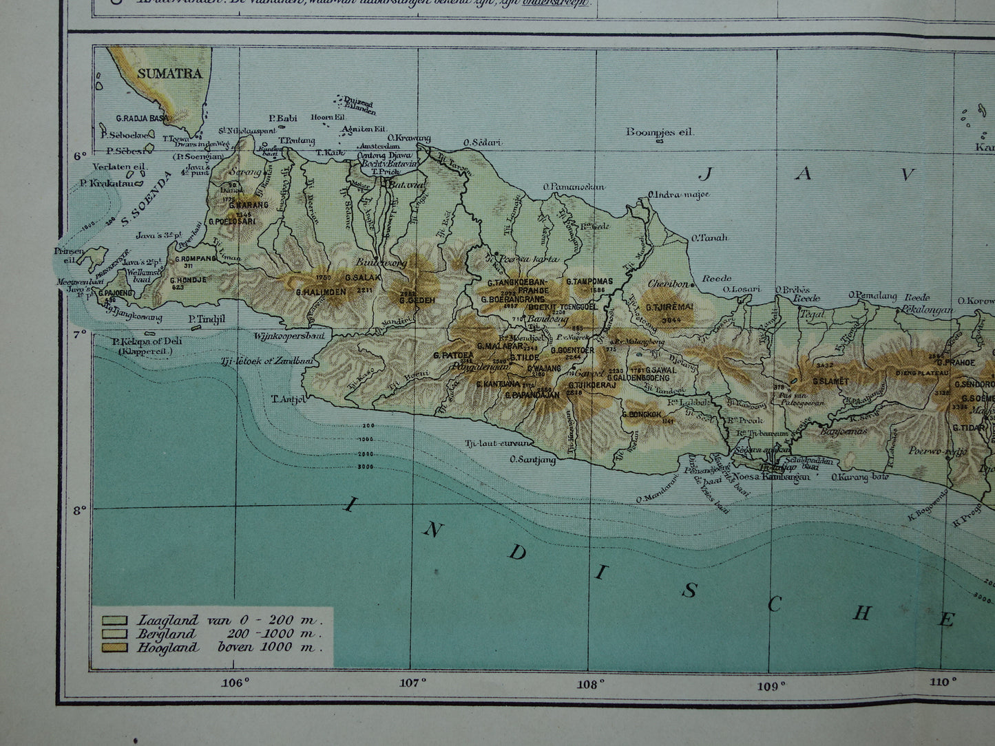JAVA Antieke Nederlandse kaart van Java uit 1908 oude hoogtekaart landkaart vulkanen
