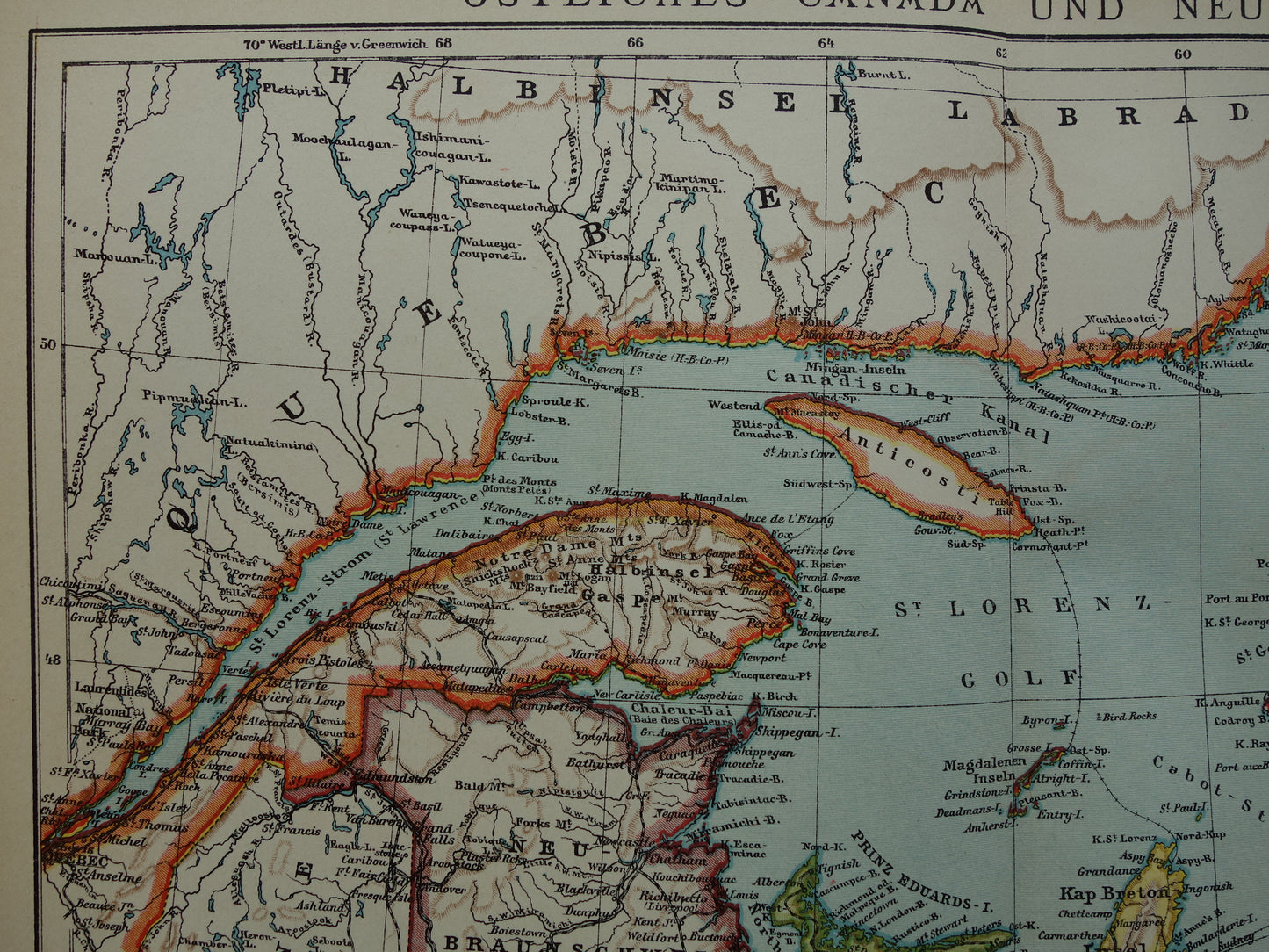 KANADA Antike Karte von Neufundland, Nova Scotia und Braunschweig, 1909, alte deutsche Karte mit Datum
