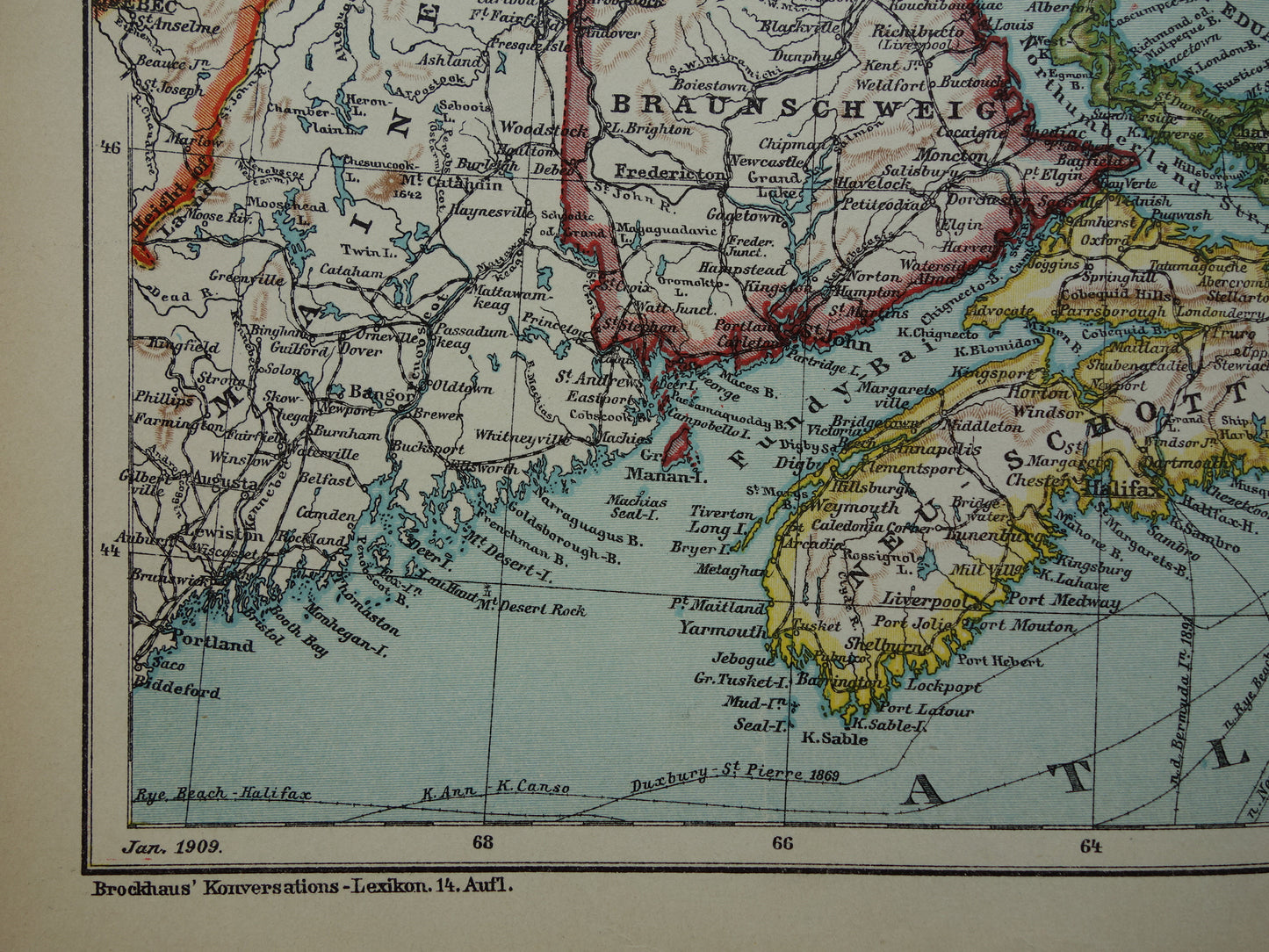 KANADA Antike Karte von Neufundland, Nova Scotia und Braunschweig, 1909, alte deutsche Karte mit Datum
