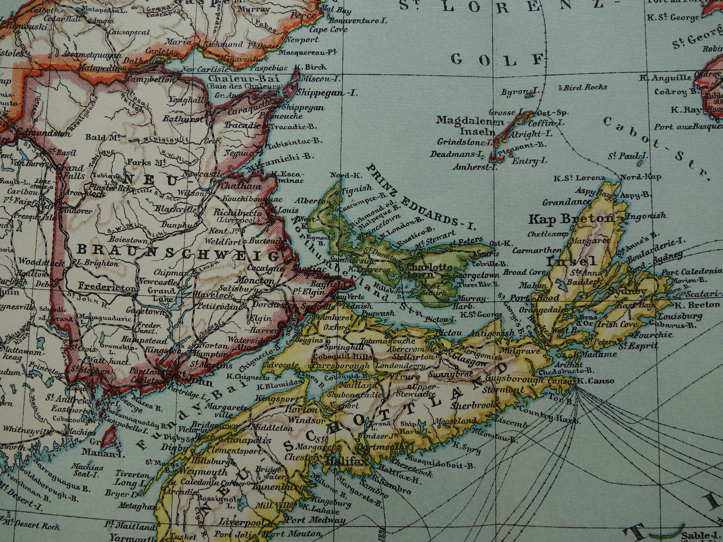 KANADA Antike Karte von Neufundland, Nova Scotia und Braunschweig, 1909, alte deutsche Karte mit Datum