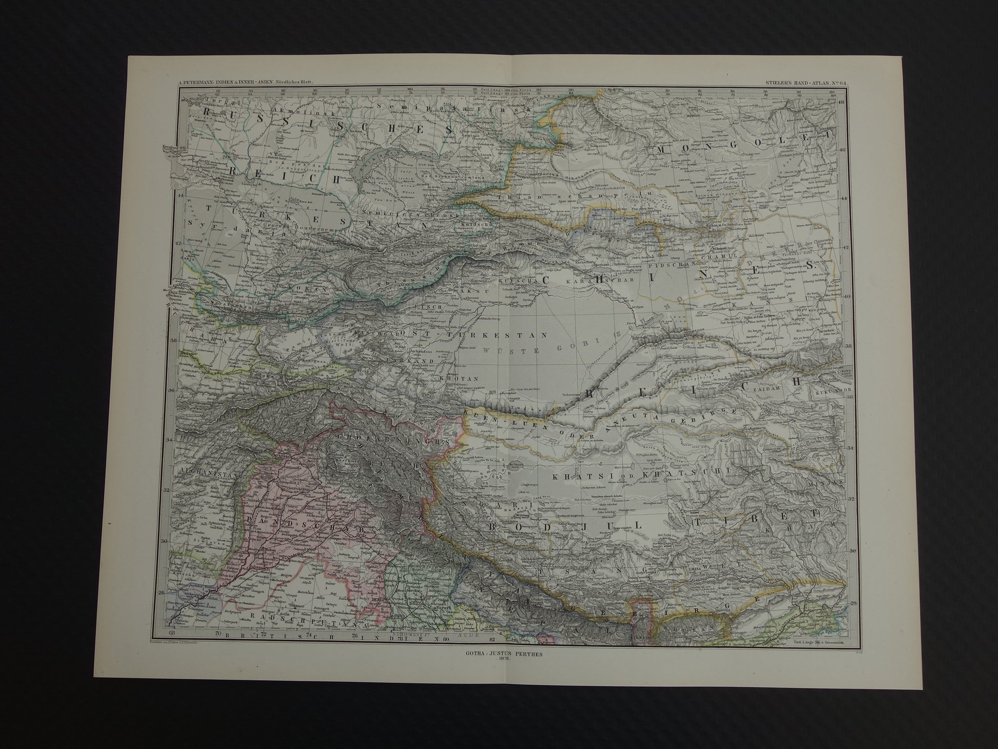 CENTRAAL-AZIË oude kaart van Tibet Kashmir Turkestan Himalaya antieke Duitse kaart Oezbekistan Kirgizië Tadzjikistan