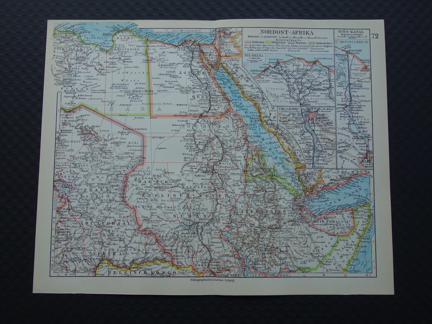 Oude kaart van Noordoost Afrika 1928 vintage Duitse landkaart Egypte Hoorn van Afrika Ethiopië Suez-Kanaal