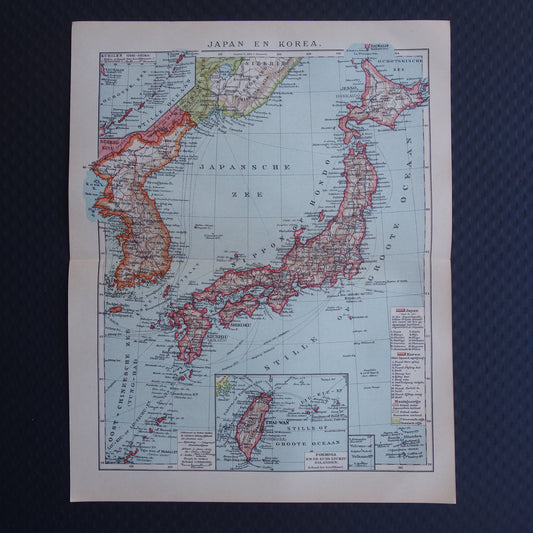 JAPAN oude gedetailleerde kaart van Japan en Korea uit 1908 originele vintage Nederlandse landkaart