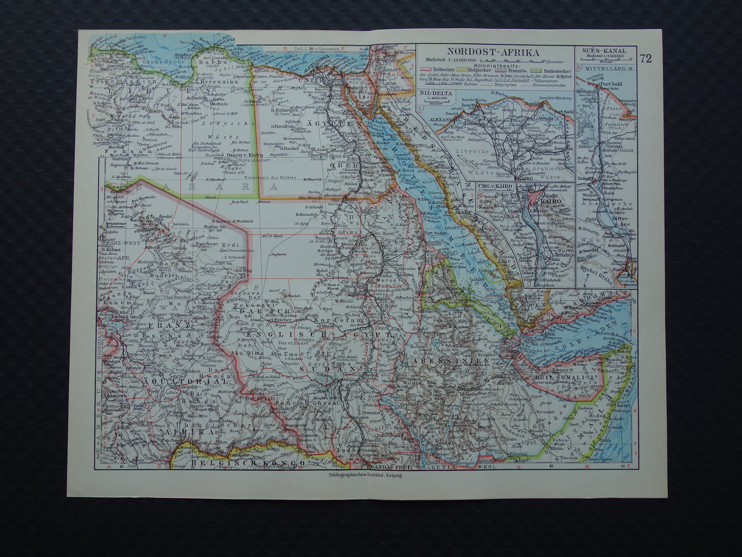 Oude kaart van Noordoost Afrika 1928 vintage Duitse landkaart Egypte Hoorn van Afrika Ethiopië Suez-Kanaal