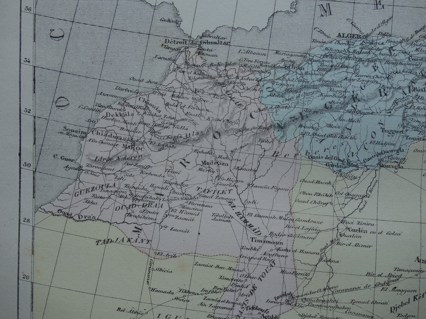 Noord-Afrika antieke landkaart - Handgekleurde oude Franse kaart van Marokko Tunesië Algerije en Libië