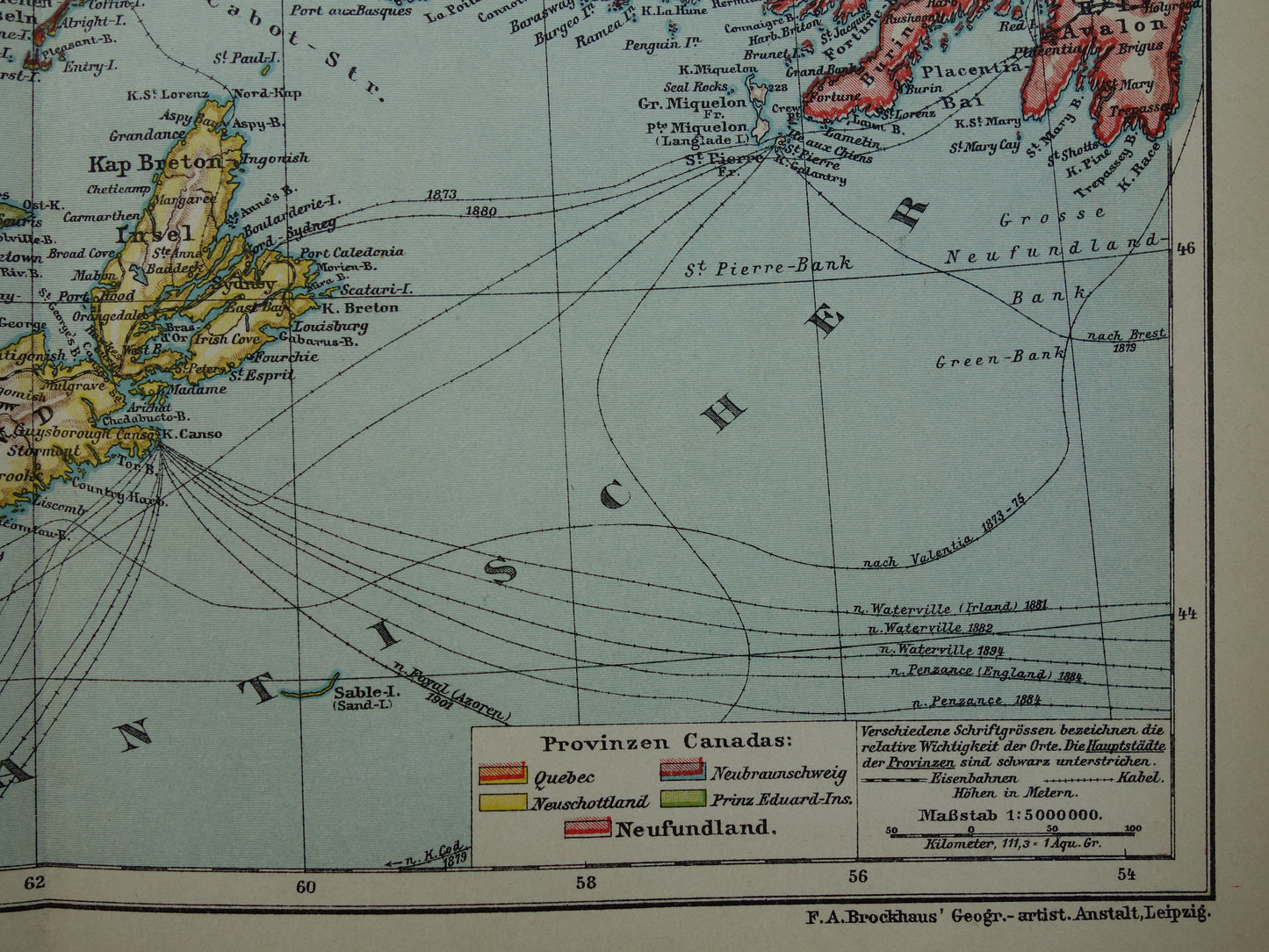 KANADA Antike Karte von Neufundland, Nova Scotia und Braunschweig, 1909, alte deutsche Karte mit Datum