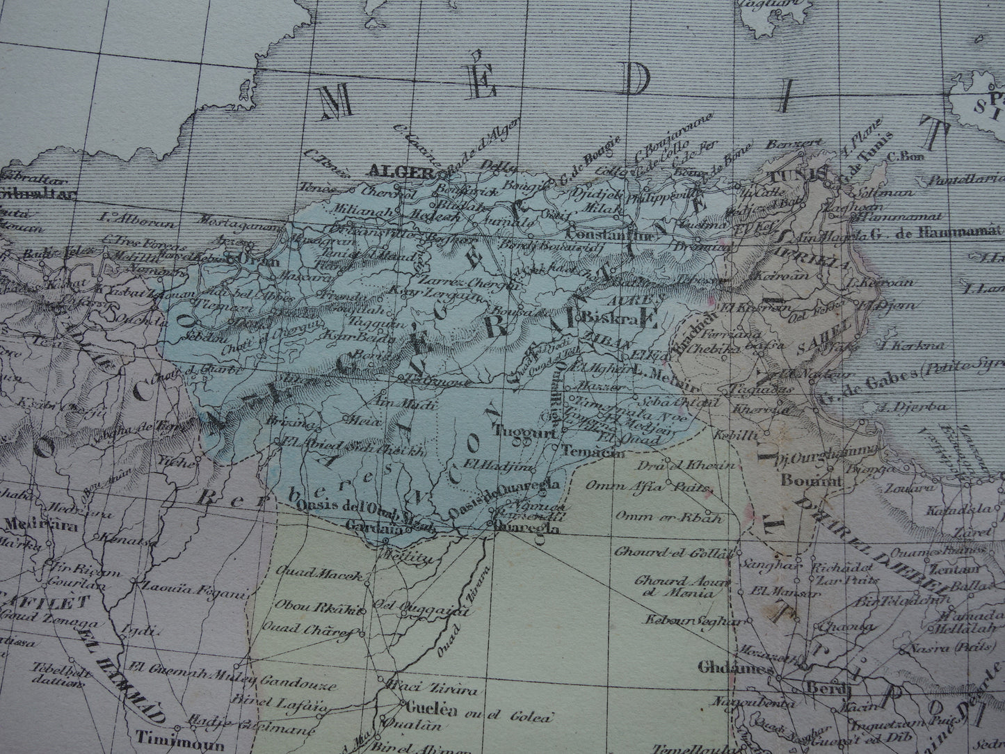 Noord-Afrika antieke landkaart - Handgekleurde oude Franse kaart van Marokko Tunesië Algerije en Libië