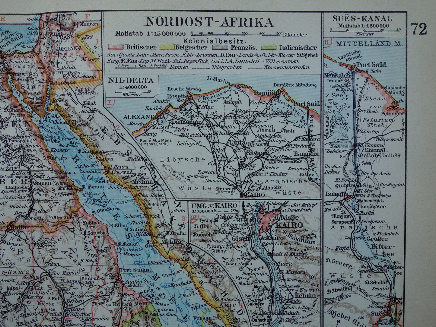 Oude kaart van Noordoost Afrika 1928 vintage Duitse landkaart Egypte Hoorn van Afrika Ethiopië Suez-Kanaal
