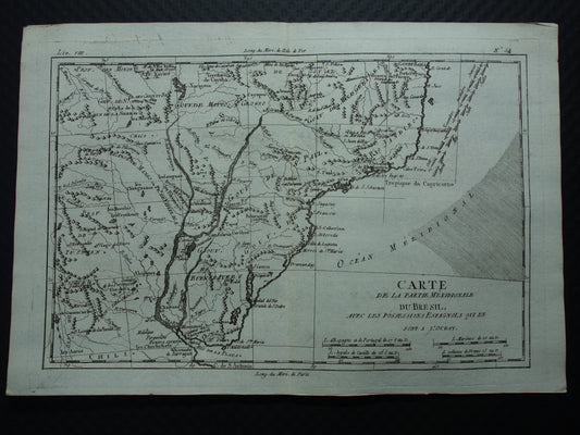BRAZILIË & URUGUAY Oude landkaart van Zuidoost-Brazilië Originele vintage Franse Bonne kaart uit 1784