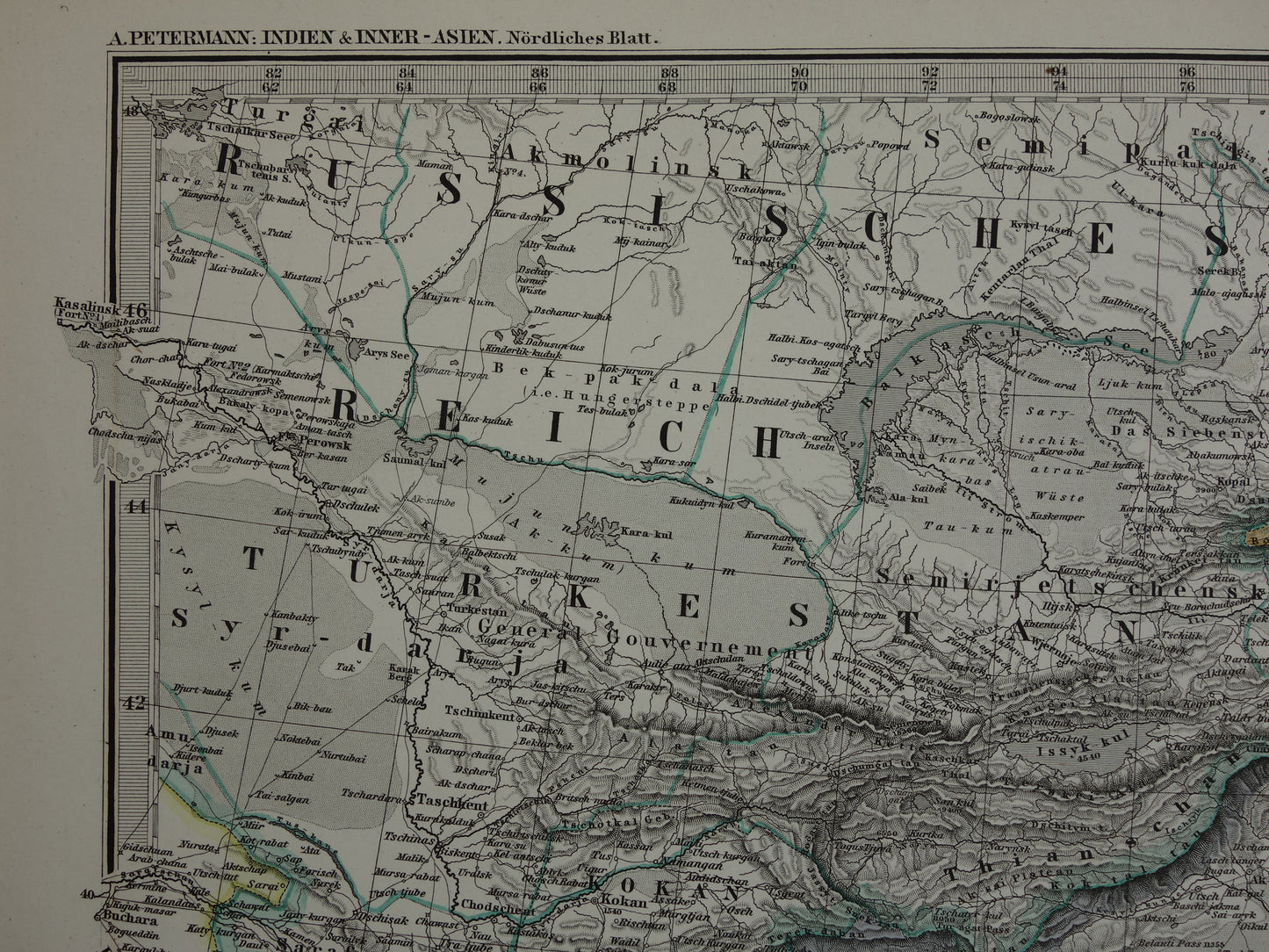 CENTRAAL-AZIË oude kaart van Tibet Kashmir Turkestan Himalaya antieke Duitse kaart Oezbekistan Kirgizië Tadzjikistan