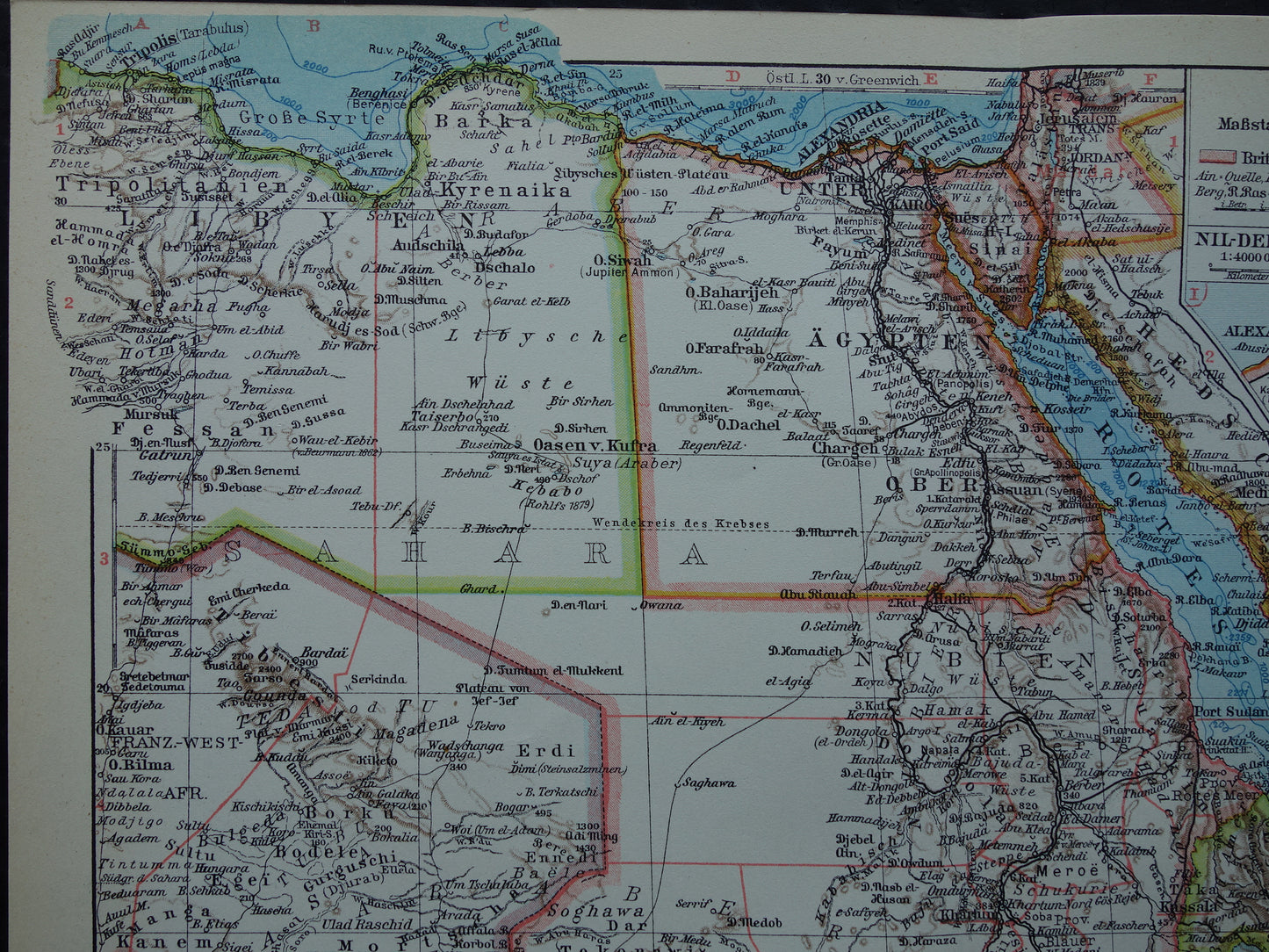 Oude kaart van Noordoost Afrika 1928 vintage Duitse landkaart Egypte Hoorn van Afrika Ethiopië Suez-Kanaal