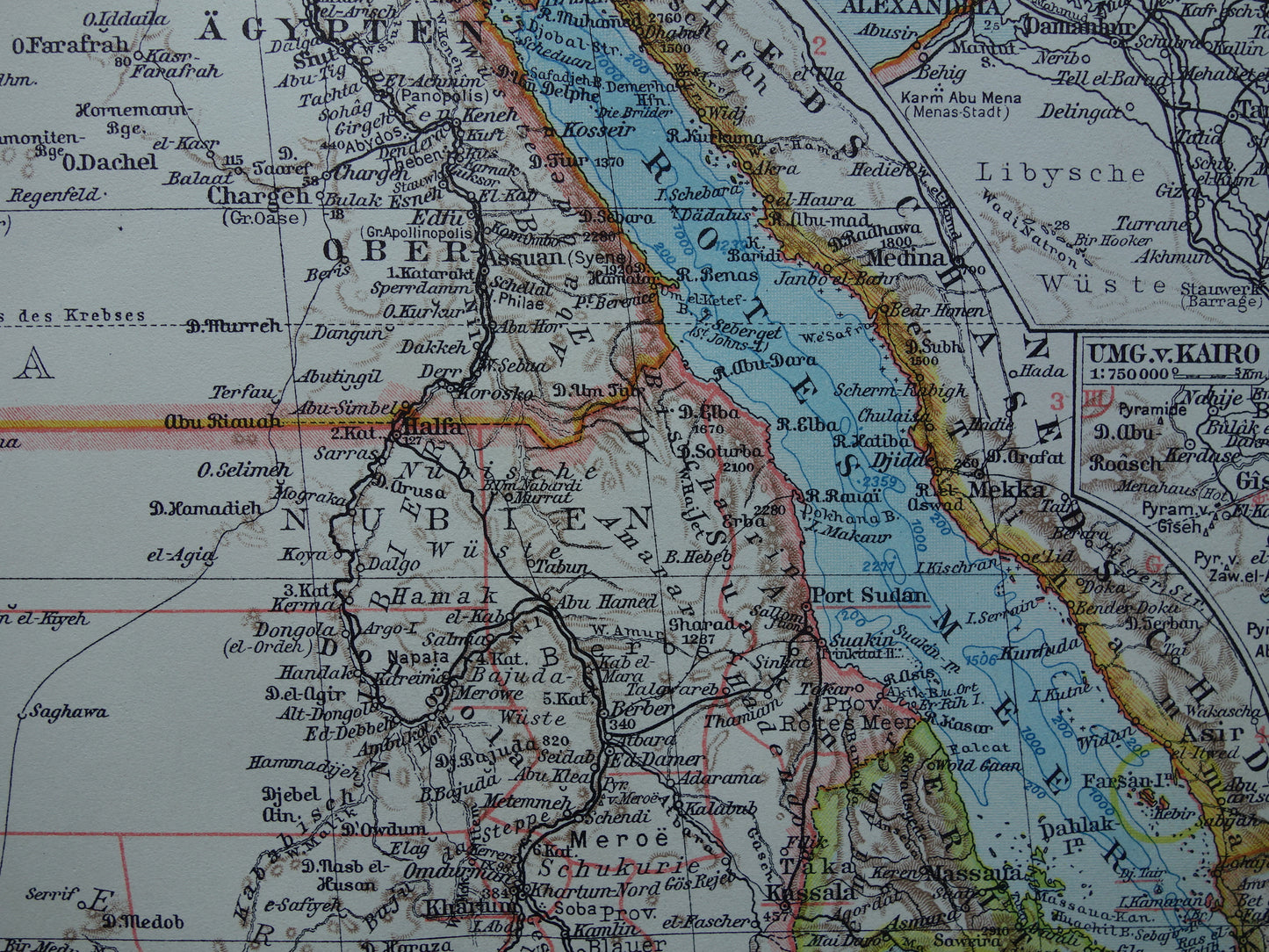 Oude kaart van Noordoost Afrika 1928 vintage Duitse landkaart Egypte Hoorn van Afrika Ethiopië Suez-Kanaal