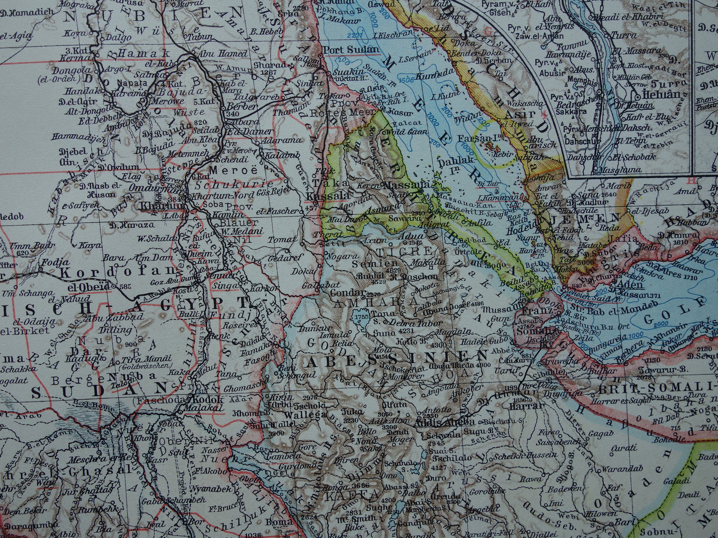 Oude kaart van Noordoost Afrika 1928 vintage Duitse landkaart Egypte Hoorn van Afrika Ethiopië Suez-Kanaal