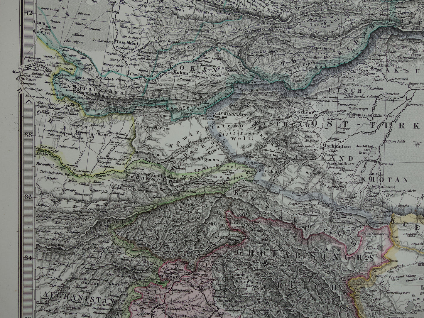CENTRAAL-AZIË oude kaart van Tibet Kashmir Turkestan Himalaya antieke Duitse kaart Oezbekistan Kirgizië Tadzjikistan