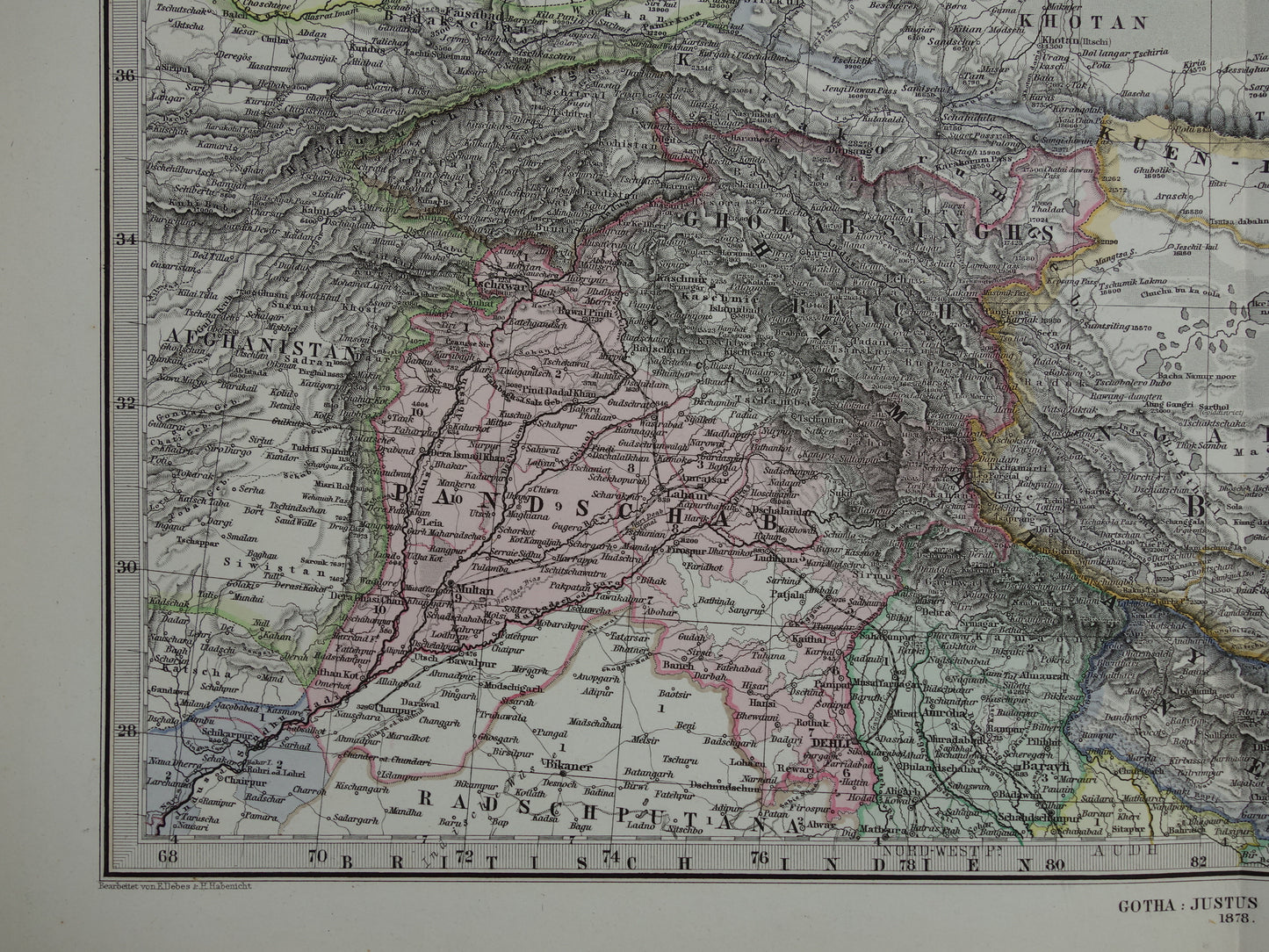 CENTRAAL-AZIË oude kaart van Tibet Kashmir Turkestan Himalaya antieke Duitse kaart Oezbekistan Kirgizië Tadzjikistan