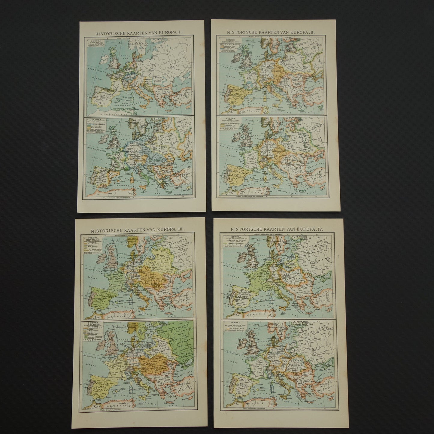 Set van 4 kleine kaarten over de Geschiedenis van Europa antieke landkaart Napoleon 1789 1815