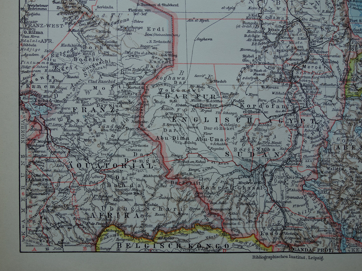 Oude kaart van Noordoost Afrika 1928 vintage Duitse landkaart Egypte Hoorn van Afrika Ethiopië Suez-Kanaal