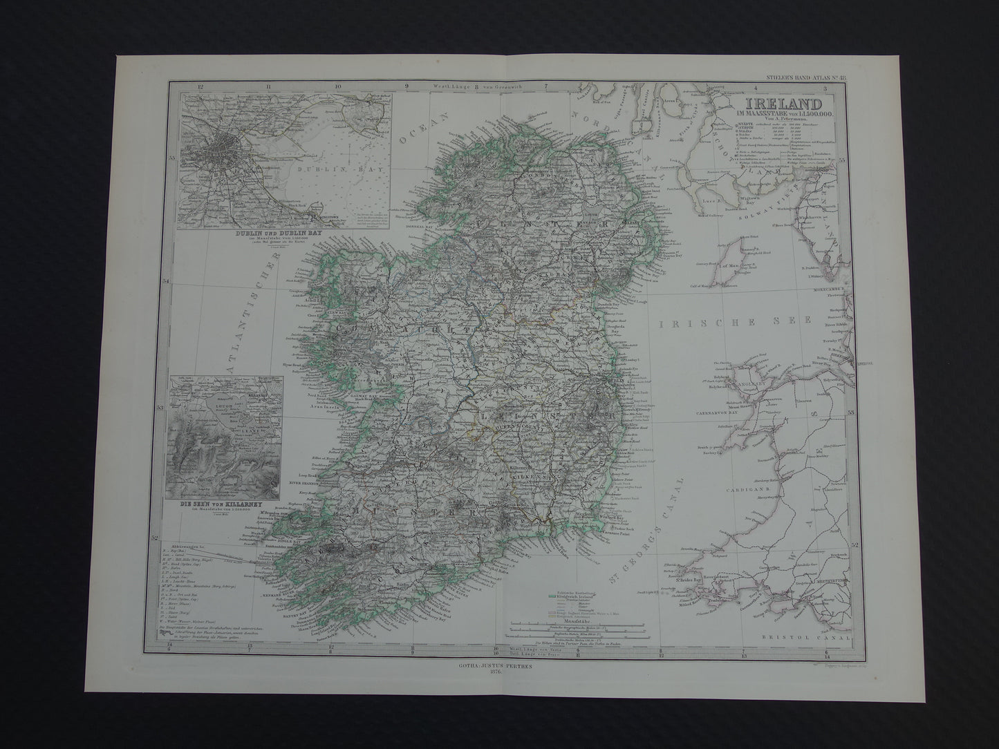 IERLAND antieke kaart van Ierland 1876 originele 155+ jaar oude Duitse landkaart van Ierland met jaartal