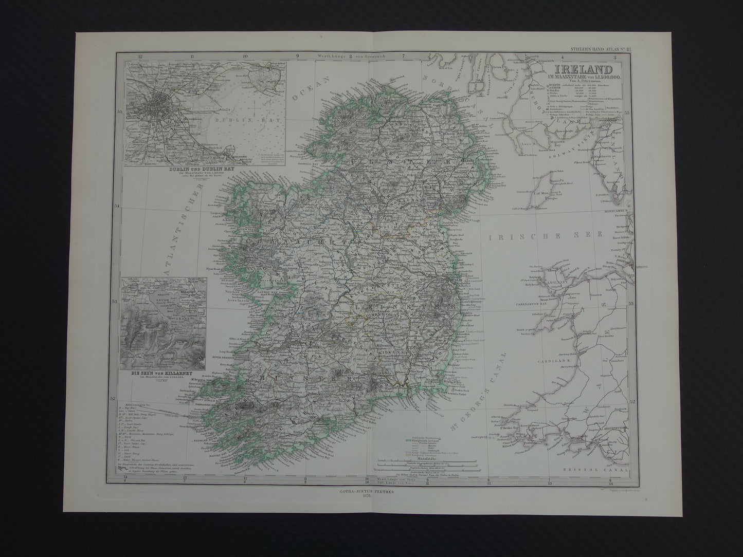 IERLAND antieke kaart van Ierland 1876 originele 155+ jaar oude Duitse landkaart van Ierland met jaartal