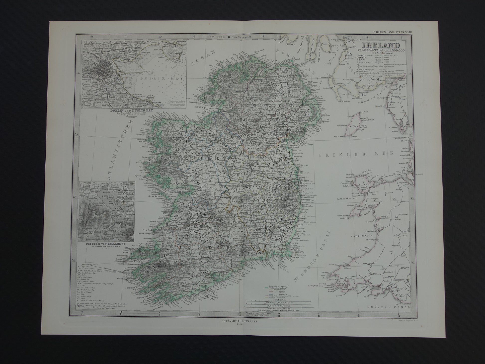 IERLAND antieke kaart van Ierland 1876 originele 155+ jaar oude Duitse landkaart van Ierland met jaartal