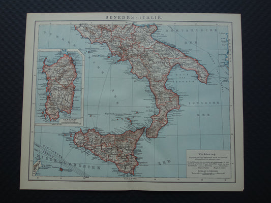 ITALIE oude gedetailleerde kaart van Zuid-Italië uit 1918 originele vintage landkaart Sicilië Sardinië Palermo Messina