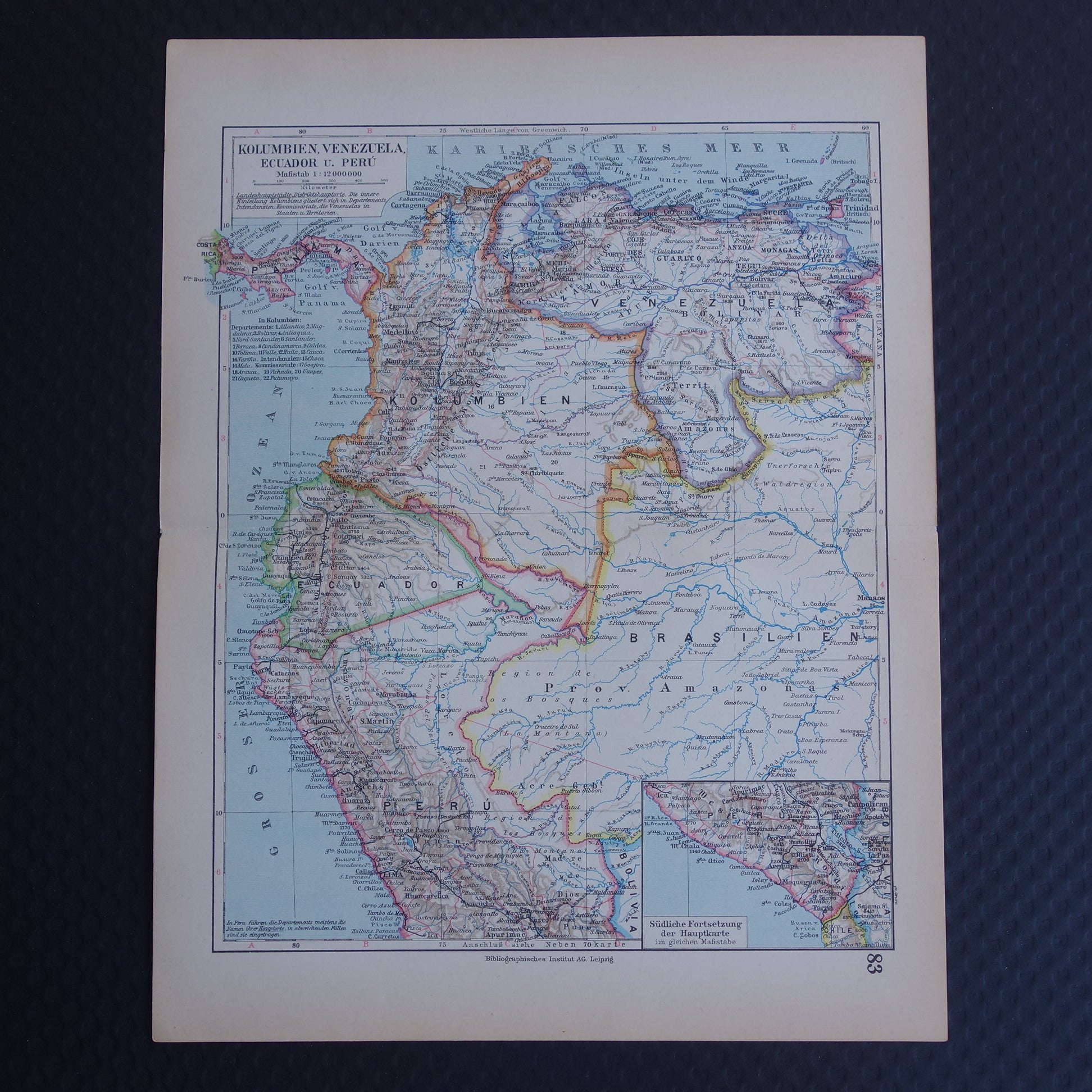 Oude kaart Venezuela Colombia Ecuador Peru historische landkaart oude vintage kaarten