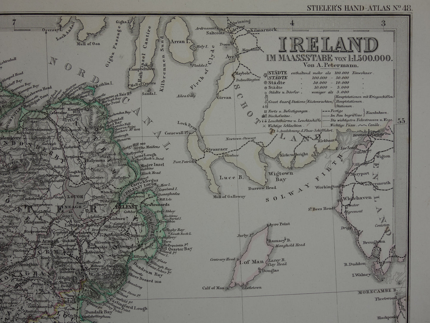 IERLAND antieke kaart van Ierland 1876 originele 155+ jaar oude Duitse landkaart van Ierland met jaartal