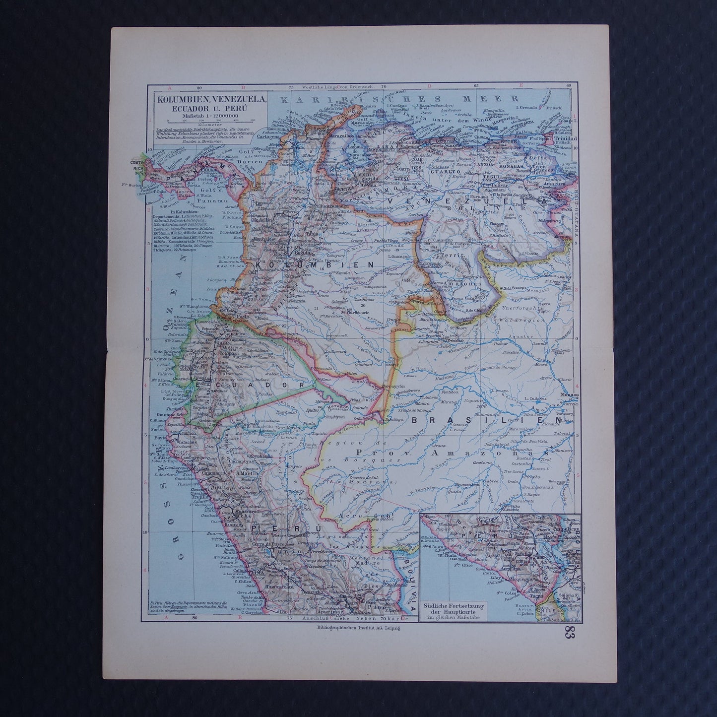 Oude kaart Venezuela Colombia Ecuador Peru historische landkaart oude vintage kaarten