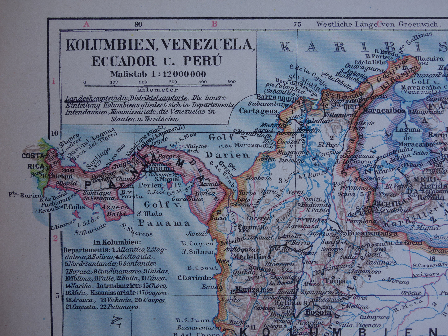 Oude kaart Venezuela Colombia Ecuador Peru historische landkaart oude vintage kaarten