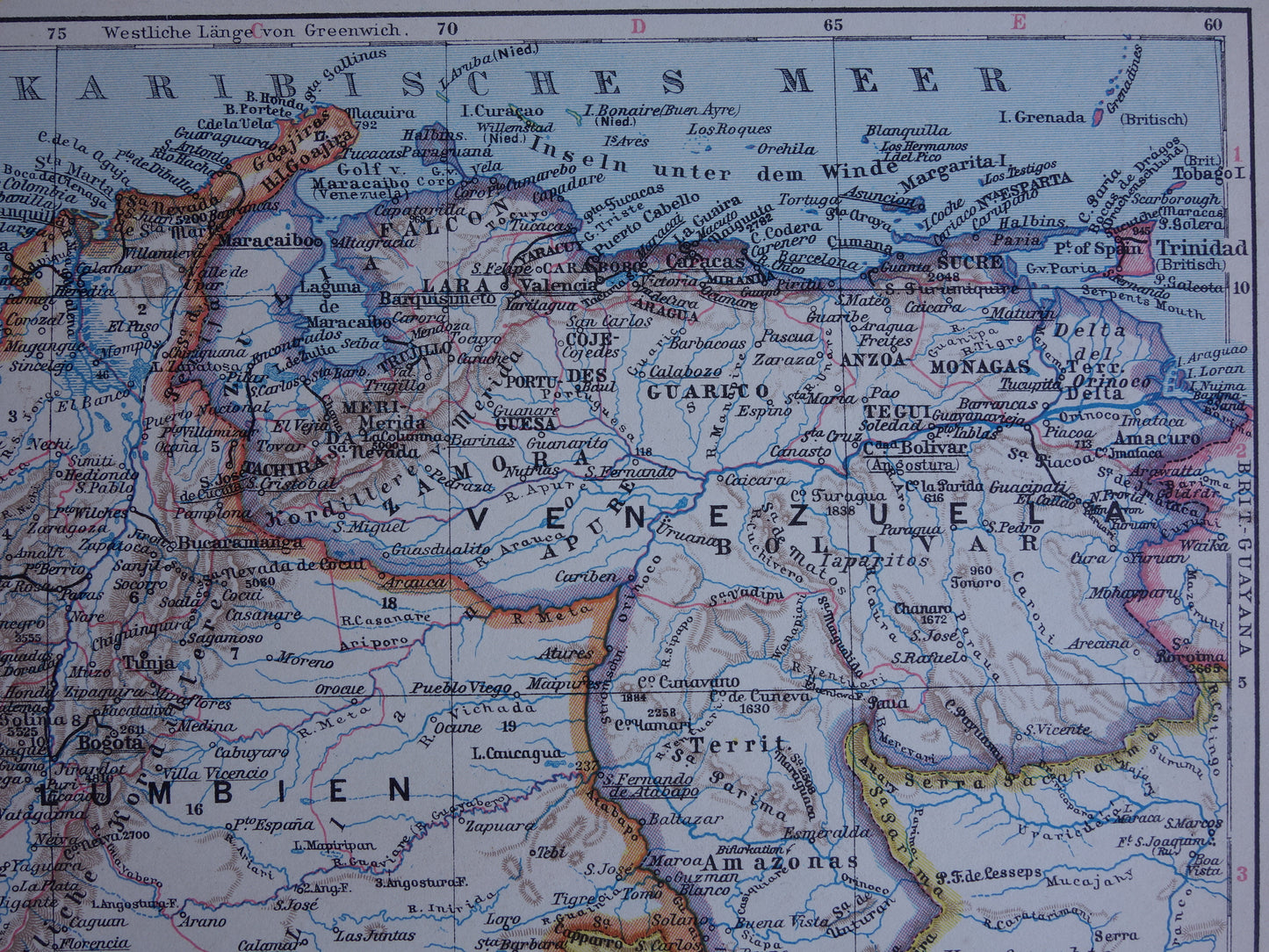 Oude kaart Venezuela Colombia Ecuador Peru historische landkaart oude vintage kaarten
