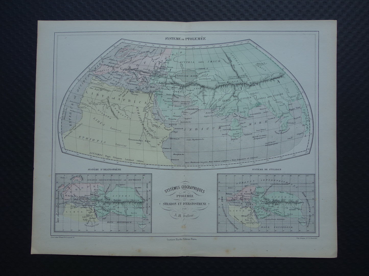Antieke historische WERELDKAART 1858 oude kaart van Strabo Ptolemaeus Eratosthenes van de wereld in de klassieke oudheid