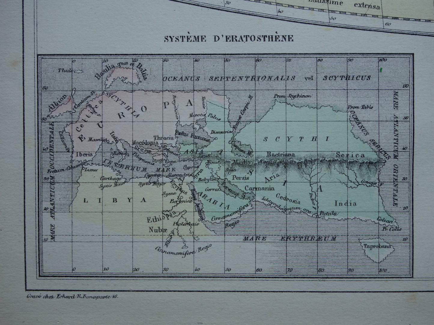 Antieke historische WERELDKAART 1858 oude kaart van Strabo Ptolemaeus Eratosthenes van de wereld in de klassieke oudheid