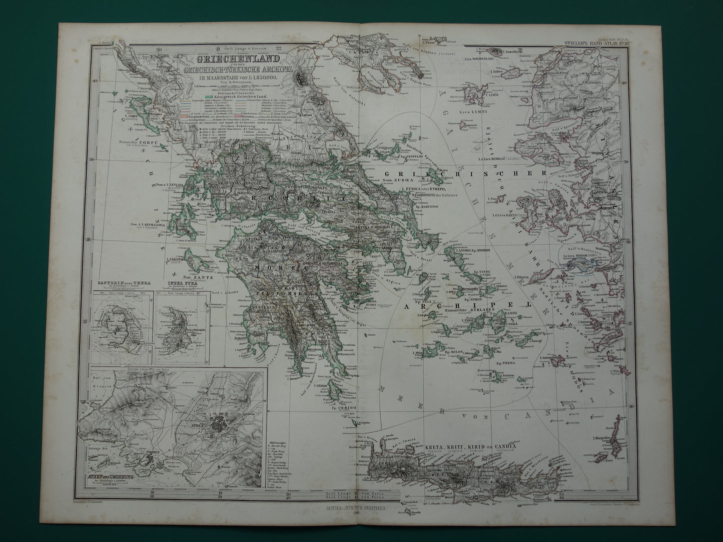 155+ jaar oude landkaart van Griekenland originele antieke kaart uit 1868 vintage kaarten Athene Piraeus