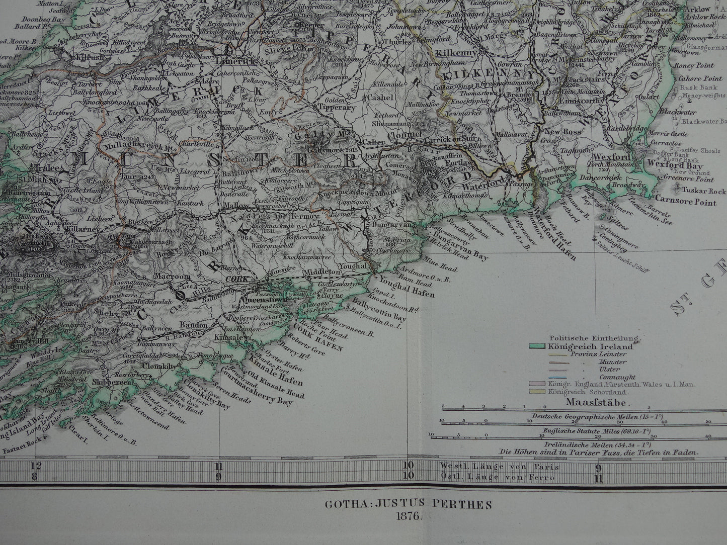 IERLAND antieke kaart van Ierland 1876 originele 155+ jaar oude Duitse landkaart van Ierland met jaartal