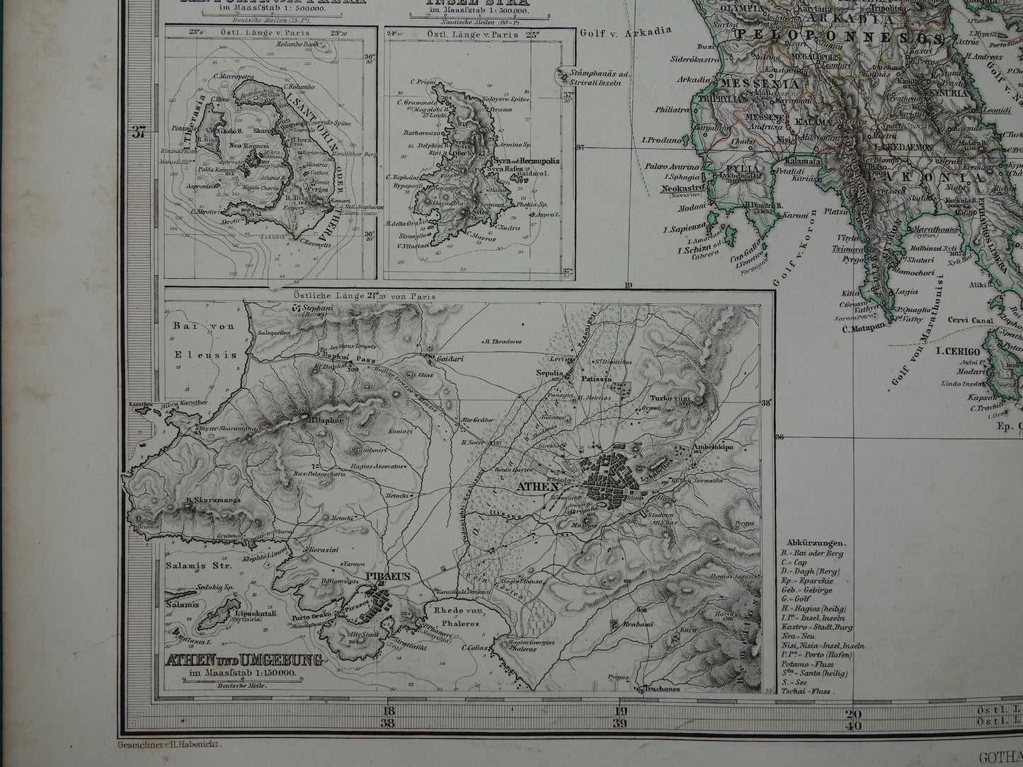 155+ jaar oude landkaart van Griekenland originele antieke kaart uit 1868 vintage kaarten Athene Piraeus