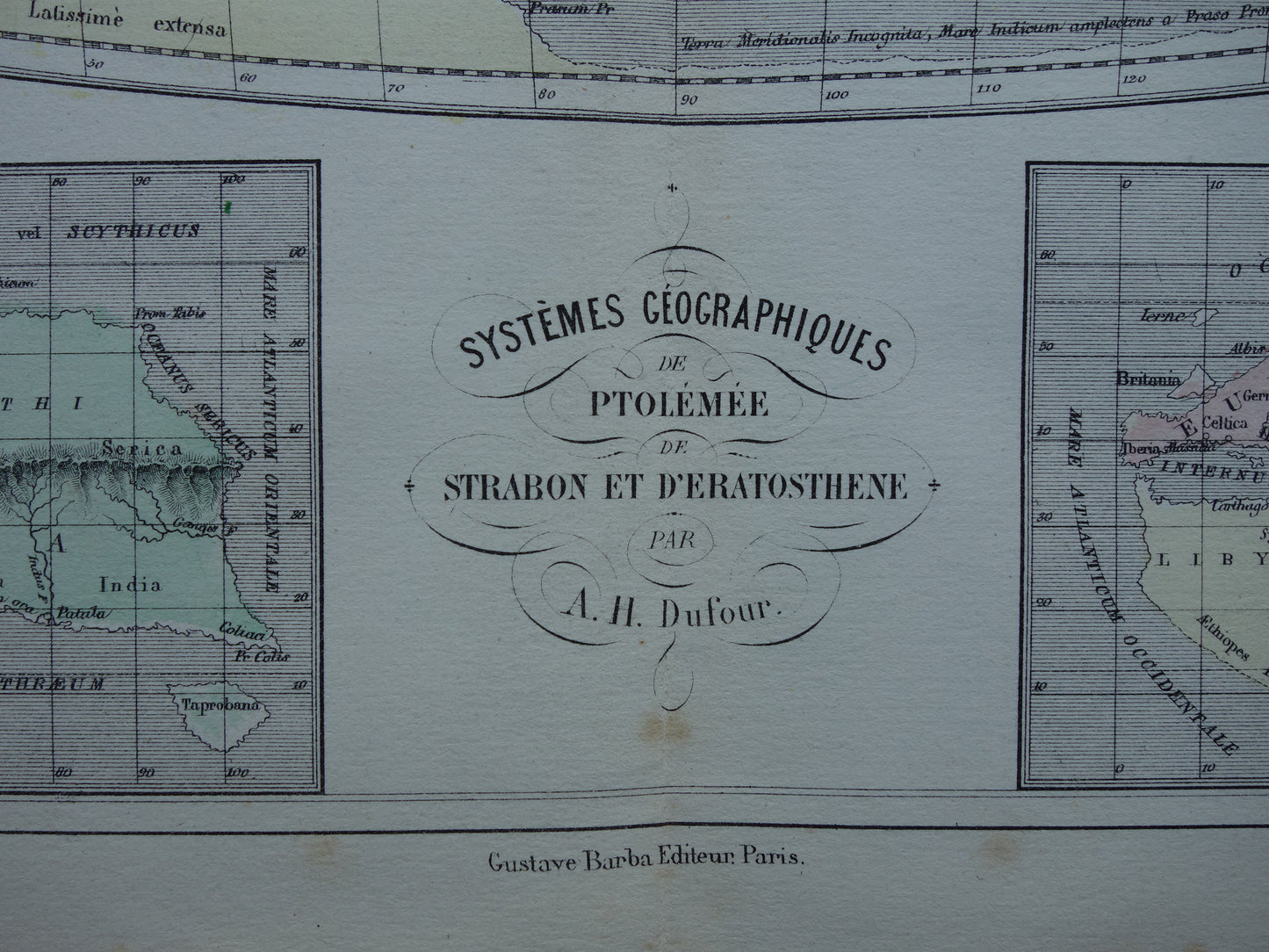 Antieke historische WERELDKAART 1858 oude kaart van Strabo Ptolemaeus Eratosthenes van de wereld in de klassieke oudheid